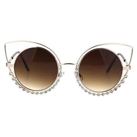 Womens Iced Out Rhinestone Tear Lash Metal Rim Round Cat Eye Sunglasses Gold Bro Fashion