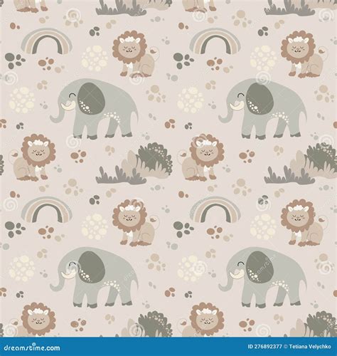 Seamless Pattern With Cute Wild Animals Childish Stock Vector