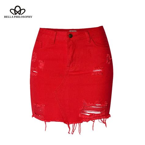 Wonder 2018 New Summer Red Sexy Club Mini Pencil Skirt High Waist Denim Skirts Womens Holes