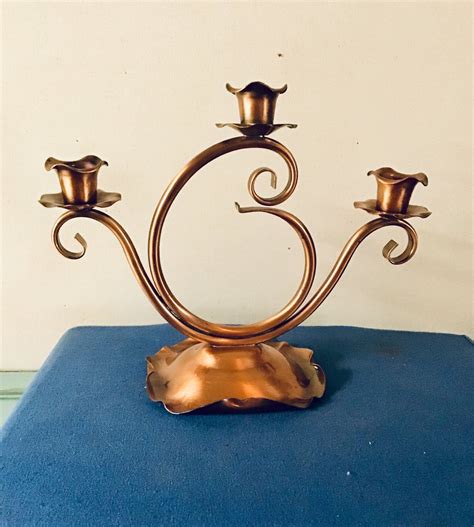 Mid Century Gregorian Copper Candle Stand Holds Three Candles By