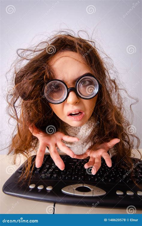 Funny Nerd Girl Working On Computer Stock Photo Image Of Goofy Geek