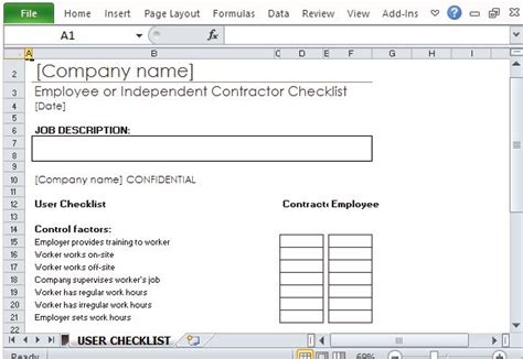 Employee Or Independent Contractor Checklist For Excel