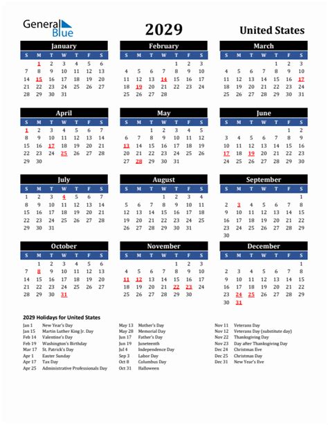 2029 United States Calendar With Holidays