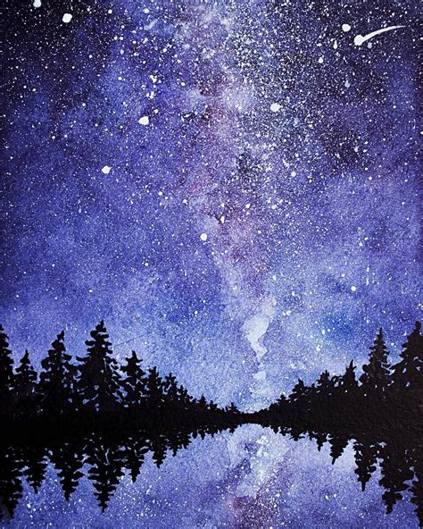 Tree Painting Original Art Night Landscape Watercolor Painting Starry Night Sky Painting