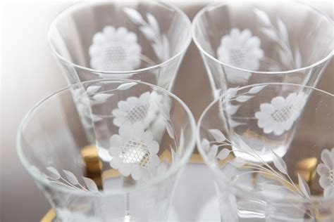 4 Vintage Wine Glasses With Etched Cornflower Florals Antique Cocktail Glasses With Ornate