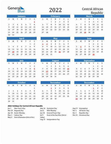 Central African Republic 2022 Calendar With Holidays
