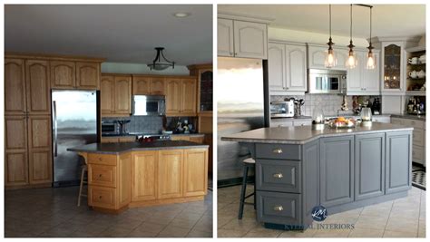 As an example, you can see the picture of oak cabinets in a rather small kitchen above. Before and after painted oak kitchen cabinets in gray ...