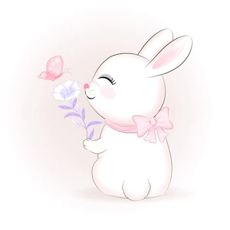 Premium Vector Cute Bunny And Flower With Butterfly Cartoon Animal