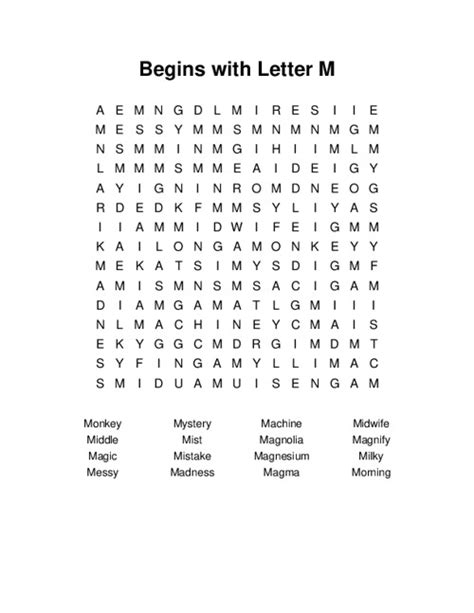 Begins With Letter M Word Search