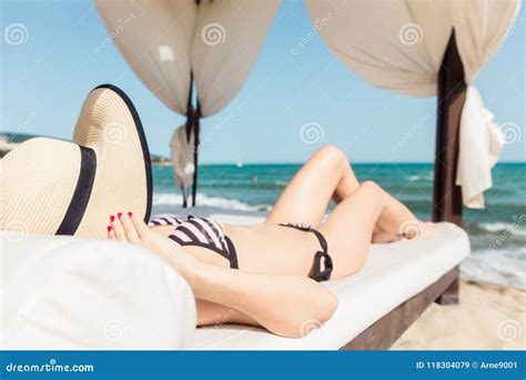 Woman Tanning On The Beach In Her Vacation Stock Image Image Of Lounger Vacation 118304079