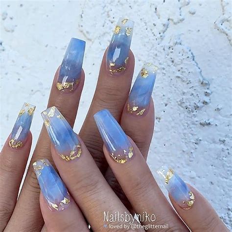 Blue Quartz Marble With Gold Flakes On Coffin Nails • Nail Artist