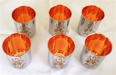 Silver Laser Copper Stainless Steel Glass 6 Pcs Size 14cm Capacity