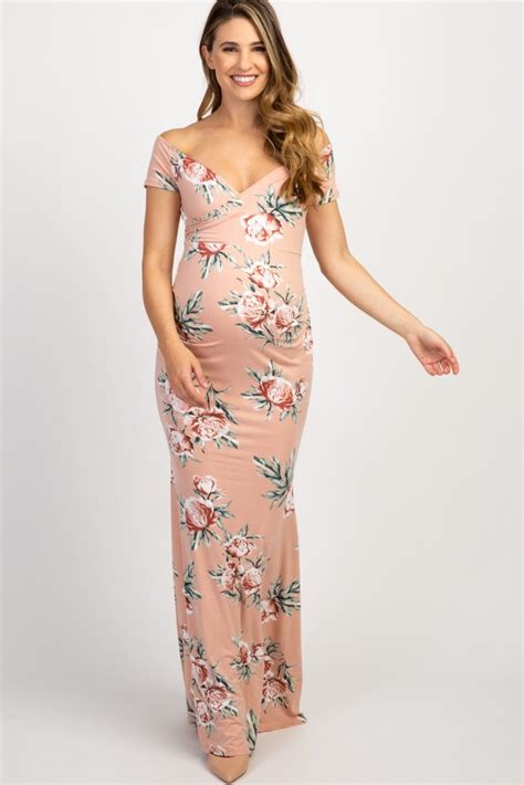 Pink Floral Off Shoulder Wrap Maternity Photoshoot Gowndress Cute Maternity Dresses Gowns