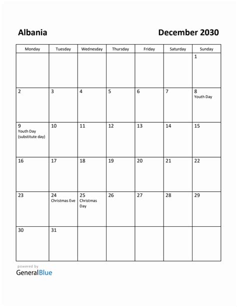 December 2030 Albania Monthly Calendar With Holidays