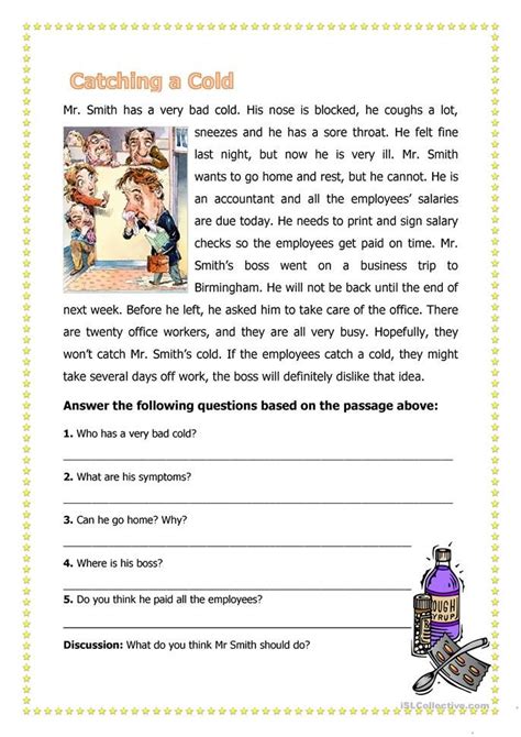 catching  cold reading comprehension worksheets