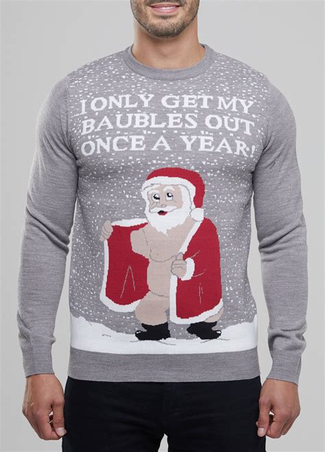 Men S Christmas Novelty Jumper Funny Rude Santa Knitted Grey Xmas Sweater Etsy Uk