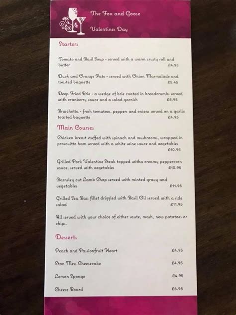 menu at the fox and goose pub and bar salisbury