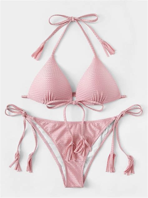 Pink Swimsuit Tassel Decorated Halter Top With Tie Side Bikini Bottom Bikinis Side Tie Bikini