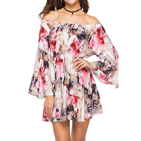 Women Off Shoulder Dress 2018 Summer Sexy Floral Print Chiffon Dress