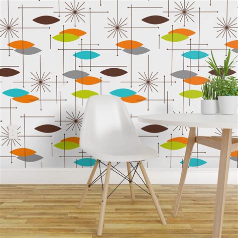Removable Water Activated Wallpaper Mid Century Modern Starburst Lime