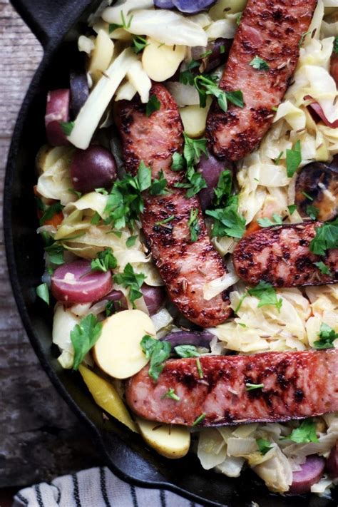 Smoked trout salad with grapefruit and 1 tablespoon olive oil. Chicken Sausage Skillet with Cabbage and Potatoes | Cabbage and potatoes, Apple sausage, Chicken ...