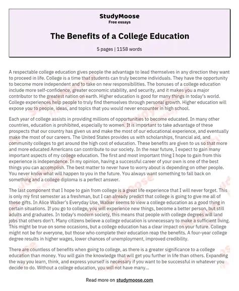 The Benefits Of A College Education Free Essay Example