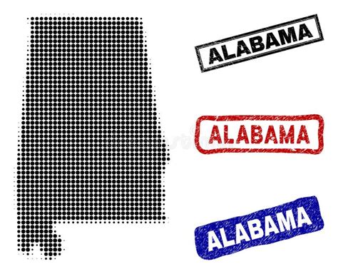 Alabama State Map In Halftone Dot Style With Grunge Name Stamps Stock