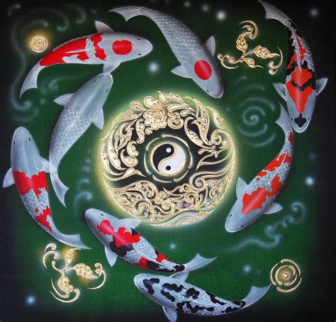 Japanese Koi Carp Painting Classic Yin Yang Symbol L Royal Thai Art