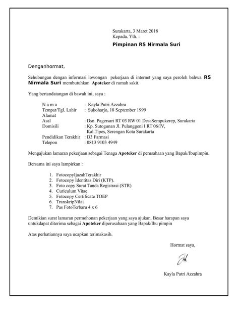 Langkah pertama agar bisa mendapatkan pekerjaan di rumah sakit tentu dengan mengirimkan lamaran pekerjaan, oleh sebab itu berikut ini ada beberapa contoh surat lamaran kerja di rumah sakit yang bisa dijadikan sebagai referensi. Contoh Surat Lamaran Untuk Perusahaan Farmasi - Kumpulan ...