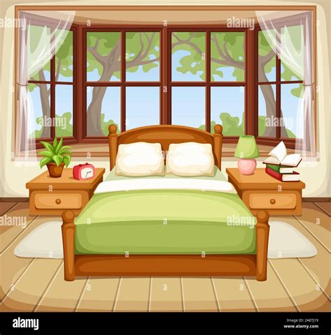 Vector Illustration Of A Bedroom Interior With A Bed And A Big Window