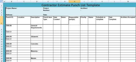 Construction Project Punch List Template Free Download