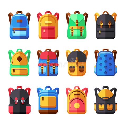 School Backpacks Vector Set Kids Schoolbag Flat Collection Stock