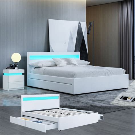 New Queen Size Pu Leather Bed Frame With 4 Drawers Led Lights White Nz