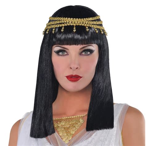 Egyptian Goddess Cleopatra Ladies Wig Black Hair Jewel Gold Elasticated Headwear 809801708616 Ebay