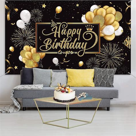Happy Birthday Backdrop Banner Large Black Gold Balloon Star Fireworks Poster Party Sign Photo