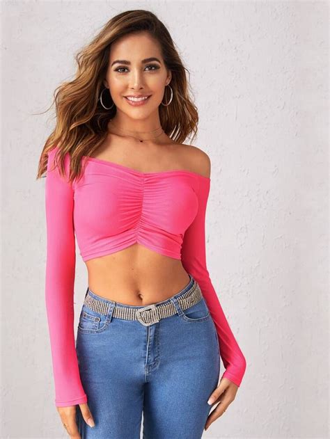Solid Off Shoulder Ruched Crop Top Shein Usa Top Summer Outfits Crop