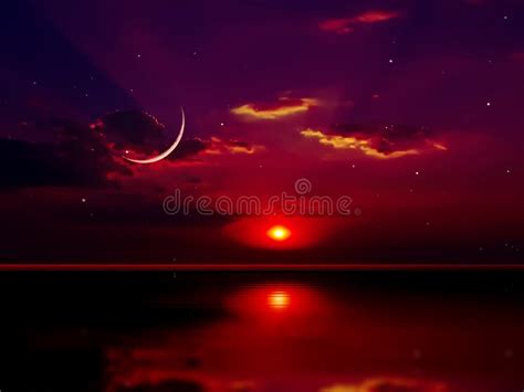 Moon On Starry Sky Orange Late Sunset At Night Sea Nature Landscape