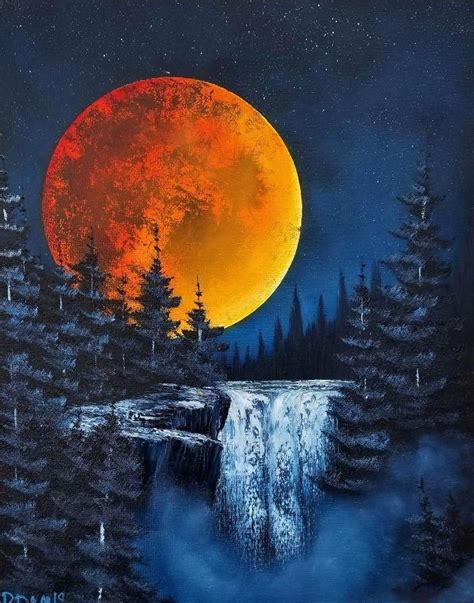 My Painting Of A Big Moon In Bob Ross Style Bobross Landscape Art
