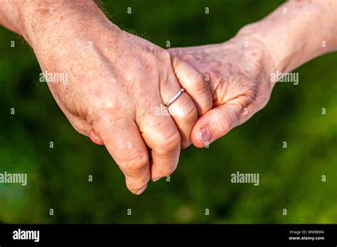 Senior Couple Holding Hands While Sitting Together In The Garden Stock