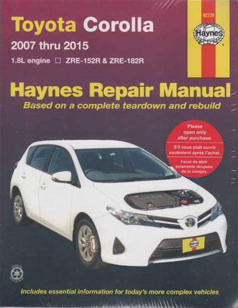 Toyota Corolla 2007 2015 Haynes Service Repair Manual Australia