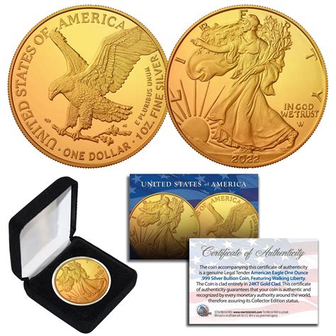 2022 1 Oz 999 Fine Silver American Eagle 1 Coin 24k Gold Gilded With