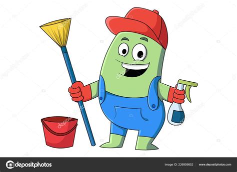 Vector Cartoon Illustration Cleaning Man Ready Cleaning Isolated White