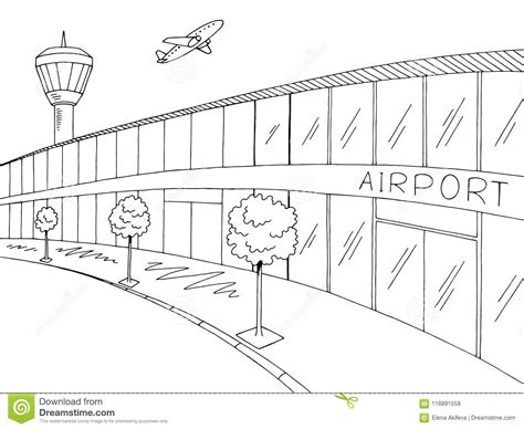 Airport Graphic Black White Exterior Sketch Illustration