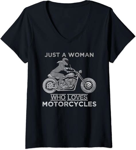Womens Just A Woman Who Loves Motorcycles Female Tee Sexy Biker V Neck T Shirt Uk