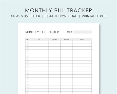 Monthly Bill Payment Tracker Printable Bill Pay Checklist Organizer Bill Log Planner Instant