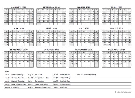 2020 Yearly Calendar With Philippines Holidays Free Printable Templates