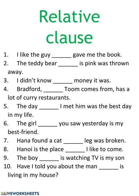 We can use relative clauses to combine clauses without repeating information. Relative clause - Interactive worksheet