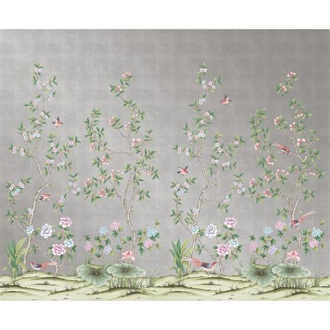 Chinoiserie Lilly Metallic Silver Textured Wallpaper Fabric Wallpaper