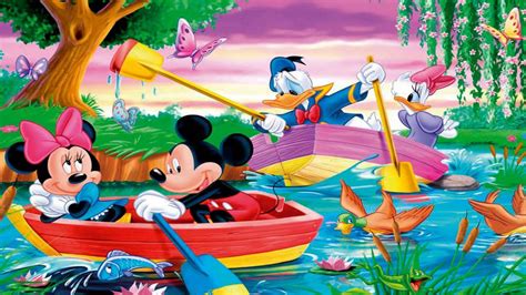 Mickey Mouse Donald Duck River Boat Rowing Purple Sky Hd Cartoon