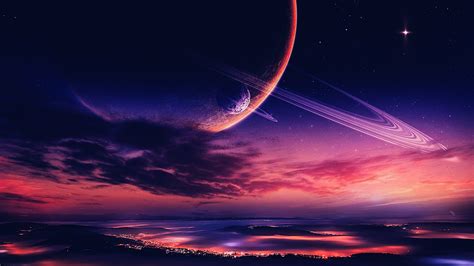 Sci Fi Landscape Hd Sky Stars City Moon Cloud Purple Space